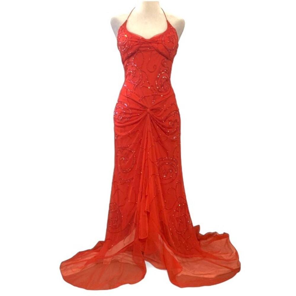 Y2K Red Beaded Sequin Halter Evening Gown – Small
